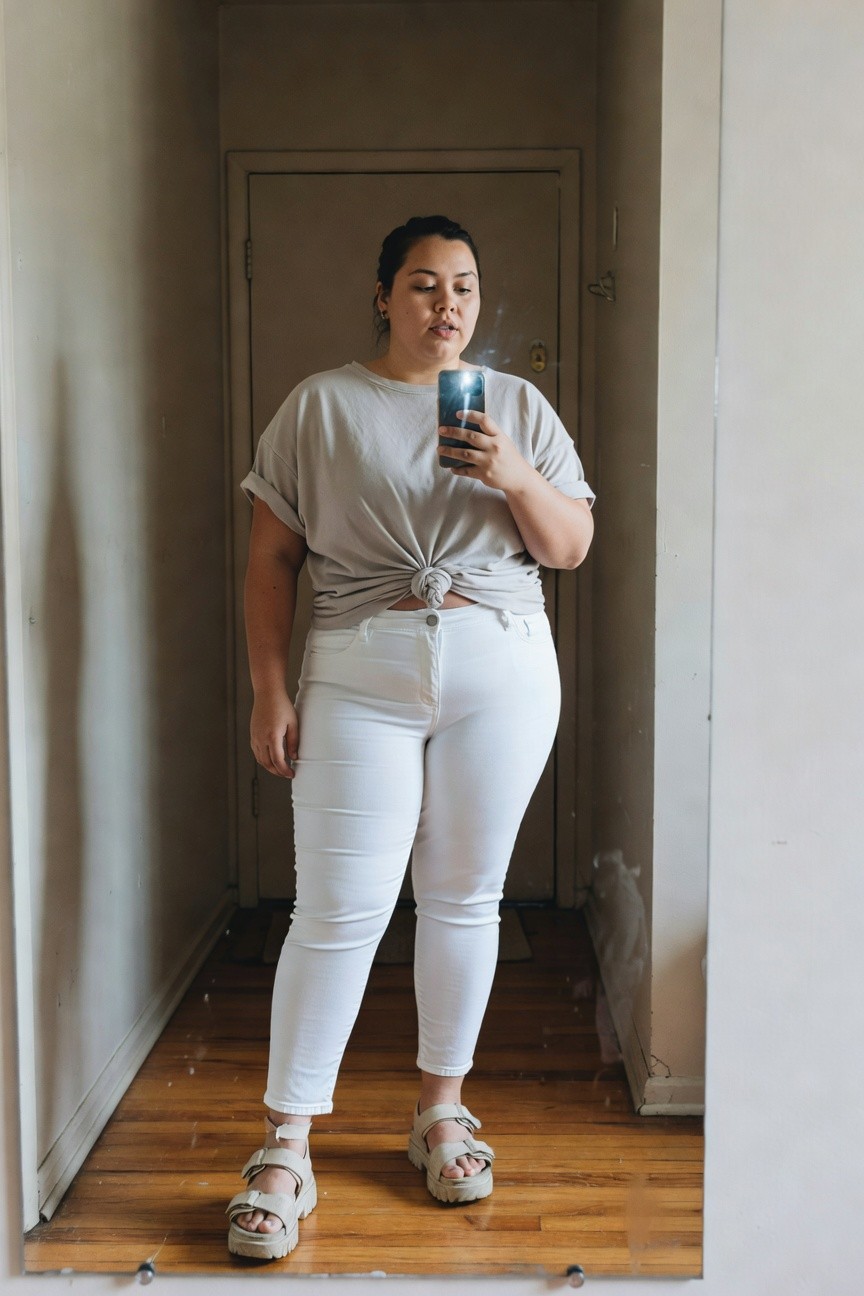 Plus-size woman taking a mirror selfie in an oversized light gray t-shirt with rolled sleeves tied at the waist, high-waisted white skinny jeans, and tan platform sandals with buckles, standing in a narrow indoor hallway.