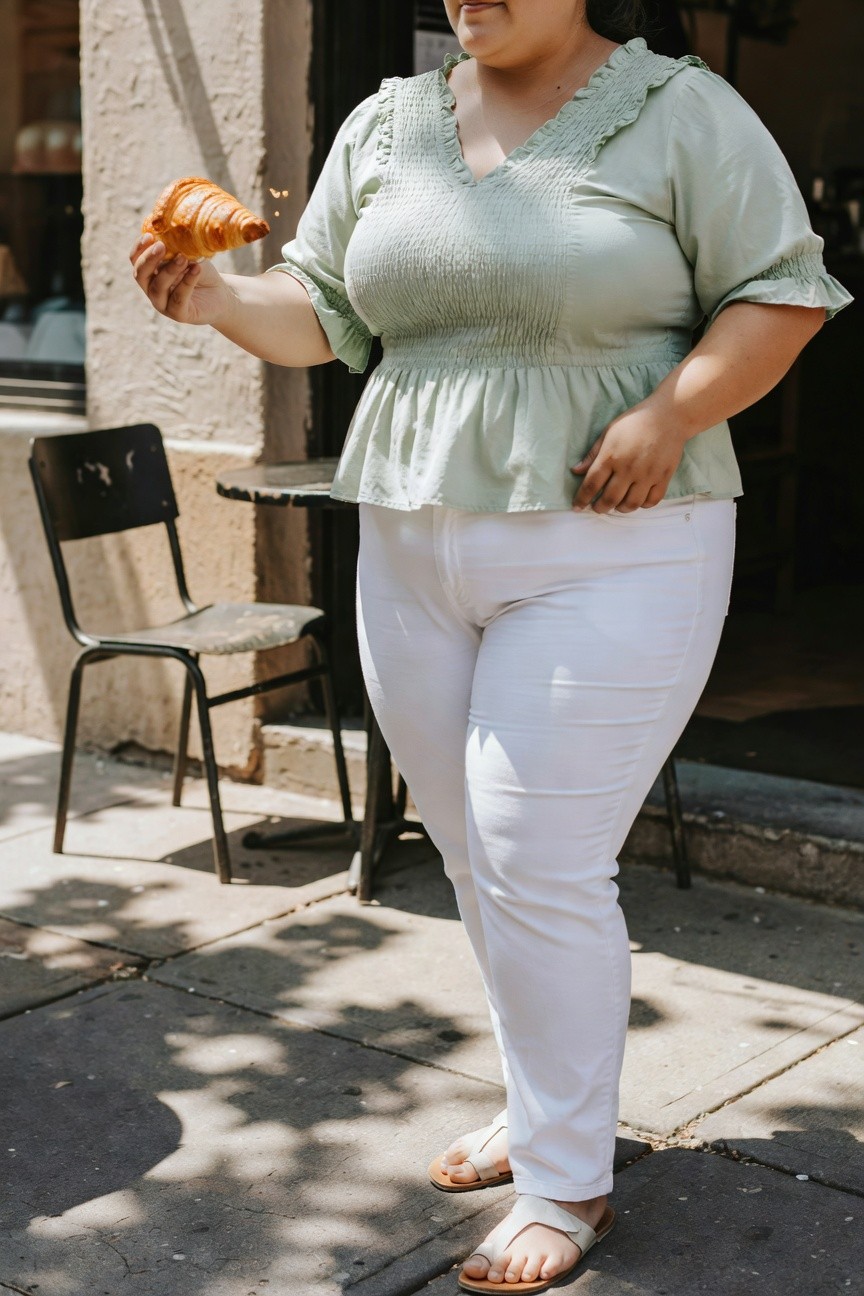 Plus-size woman in mint green smocked V-neck blouse with ruffled shoulders and short sleeves, high-waisted straight-leg white jeans, white flip-flop sandals, holding croissant by outdoor cafe table