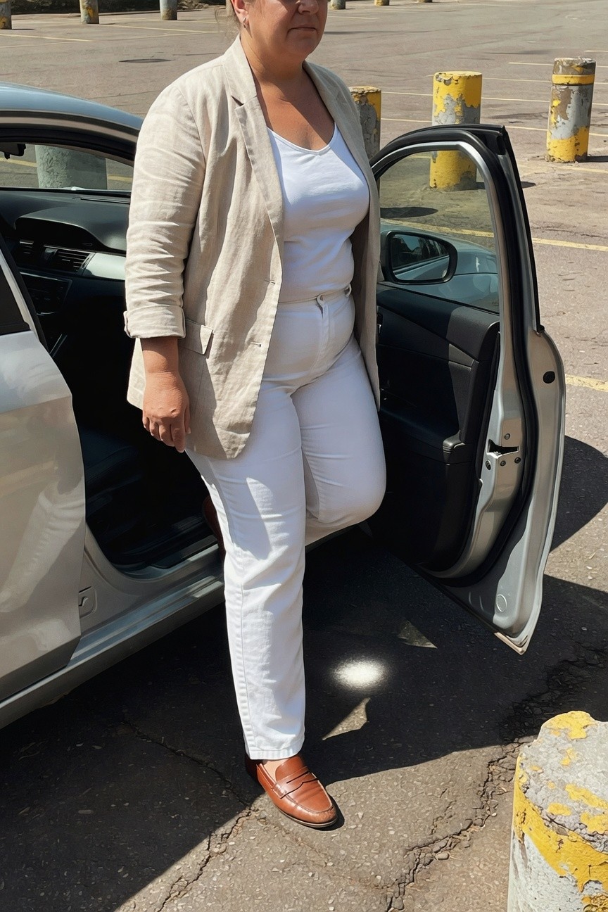 Plus-size woman wearing a loose beige linen blazer over a white tank top, matched with high-waisted white pants and brown tassel loafers, posing confidently with one leg crossed by an open car door in a parking lot