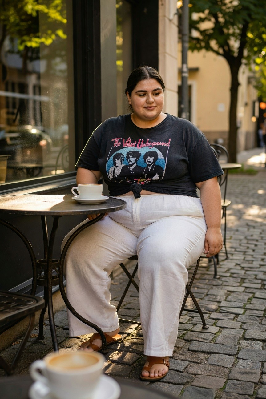 Plus-size woman sitting at a cafe table in oversized black Velvet Underground graphic t-shirt knotted at the waist, wide-leg white pants, brown strappy sandals, holding a white coffee cup, outdoor cobblestone setting