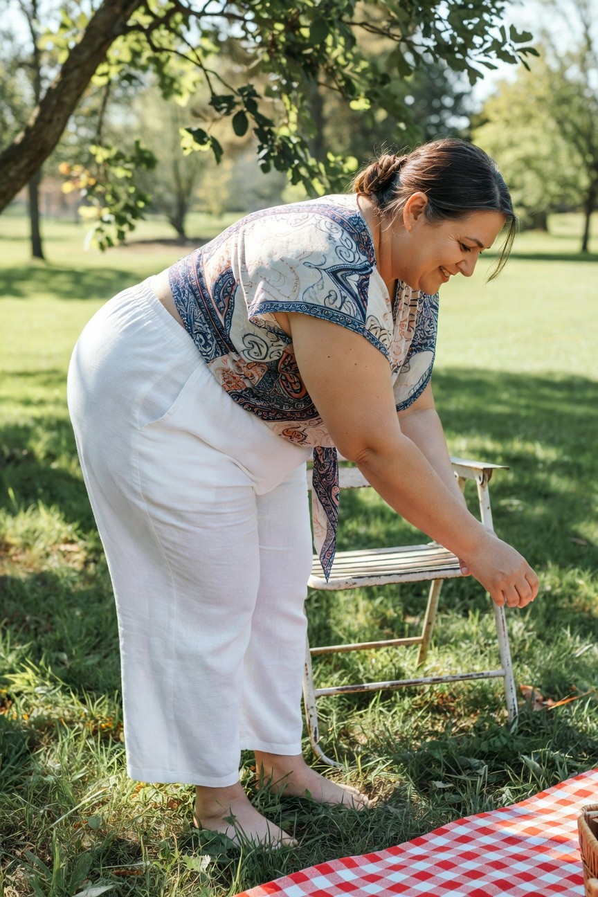 Plus-size woman in a colorful patterned blouse with blue, orange, and white paisley print, paired with wide-leg white linen pants, bending over a folding chair barefoot on grass near a red checkered picnic blanket