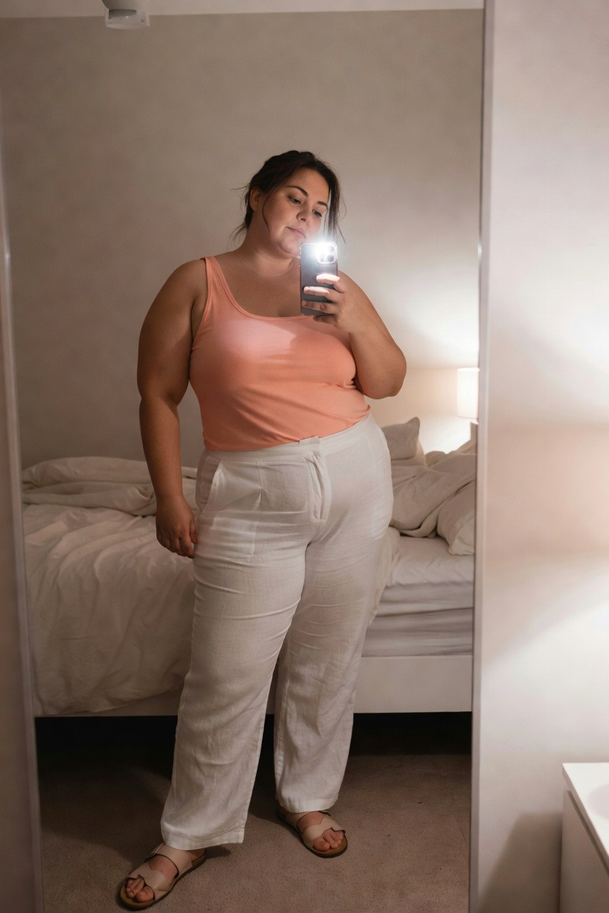 Plus-size woman taking a mirror selfie in a bedroom, wearing a sleeveless peach tank top, wide-leg white linen pants, and tan flat sandals, smiling softly while holding her phone