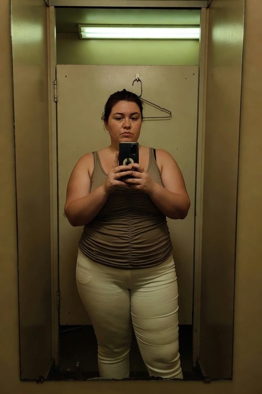 Plus-size woman with brunette hair taking a mirror selfie in a greenish fitting room, wearing a sleeveless taupe ruched tank top tucked slightly and high-waisted white pants that accentuate her curves, neutral expression, phone in hand.