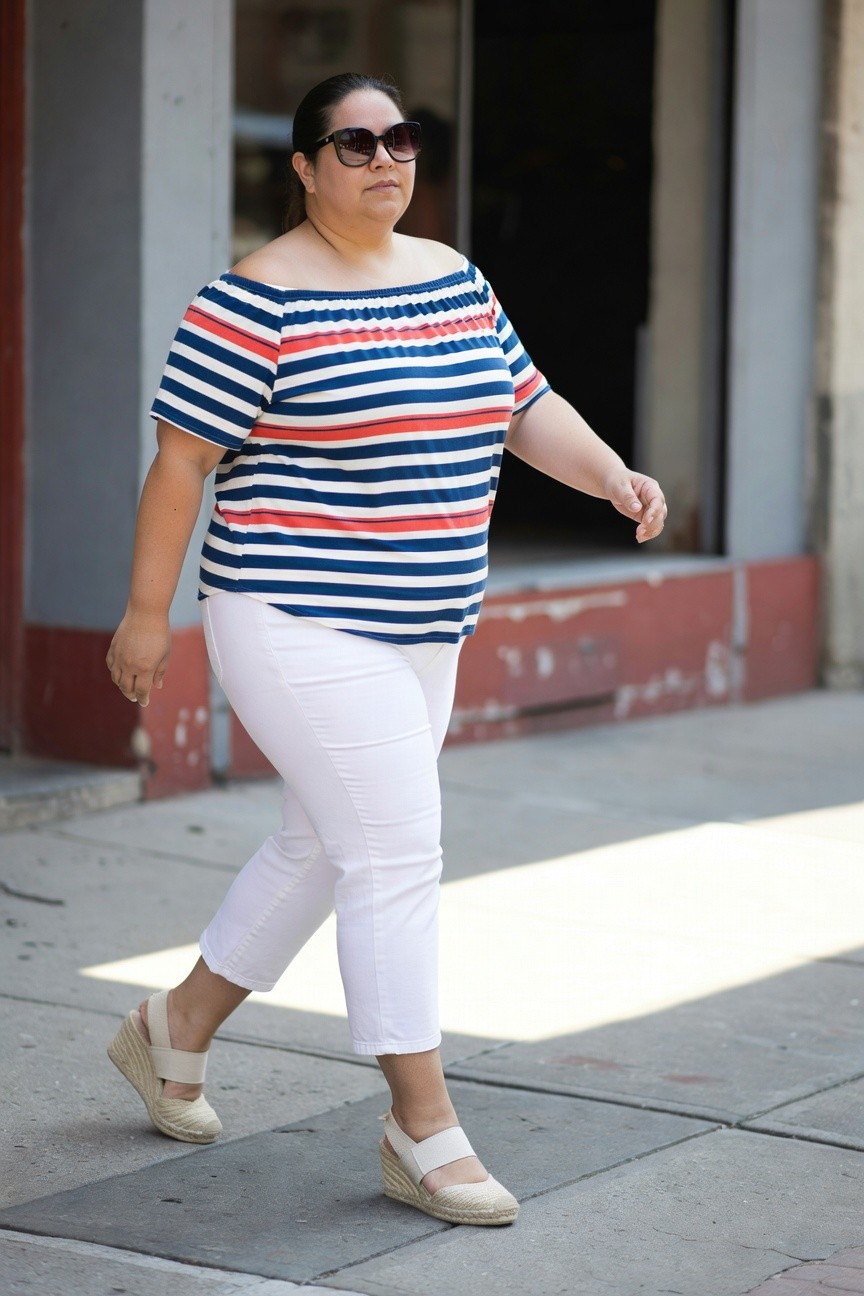 Plus-size woman walking in striped off-shoulder navy white and red blouse, white cropped pants, beige espadrille wedge sandals, and dark sunglasses