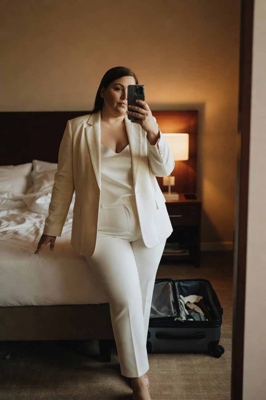 Plus-size woman taking mirror selfie in cream blazer over deep V white camisole and matching tailored white pants, leaning on hotel bed barefoot with open suitcase nearby
