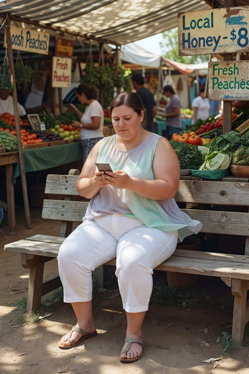 Plus-size woman sitting on a wooden bench at a market, wearing a sleeveless gradient tank top in gray-to-green tones, white cropped capri pants, and tan strappy flat sandals, holding a smartphone.