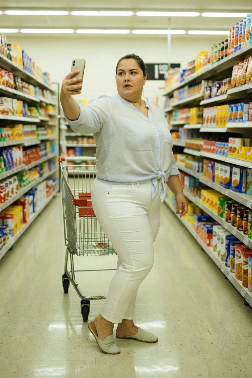 Plus-size woman in light blue tied button-up blouse, high-waisted white pants, and beige mule slippers taking a selfie next to red shopping cart in grocery store aisle lined with colorful cereal and canned goods shelves