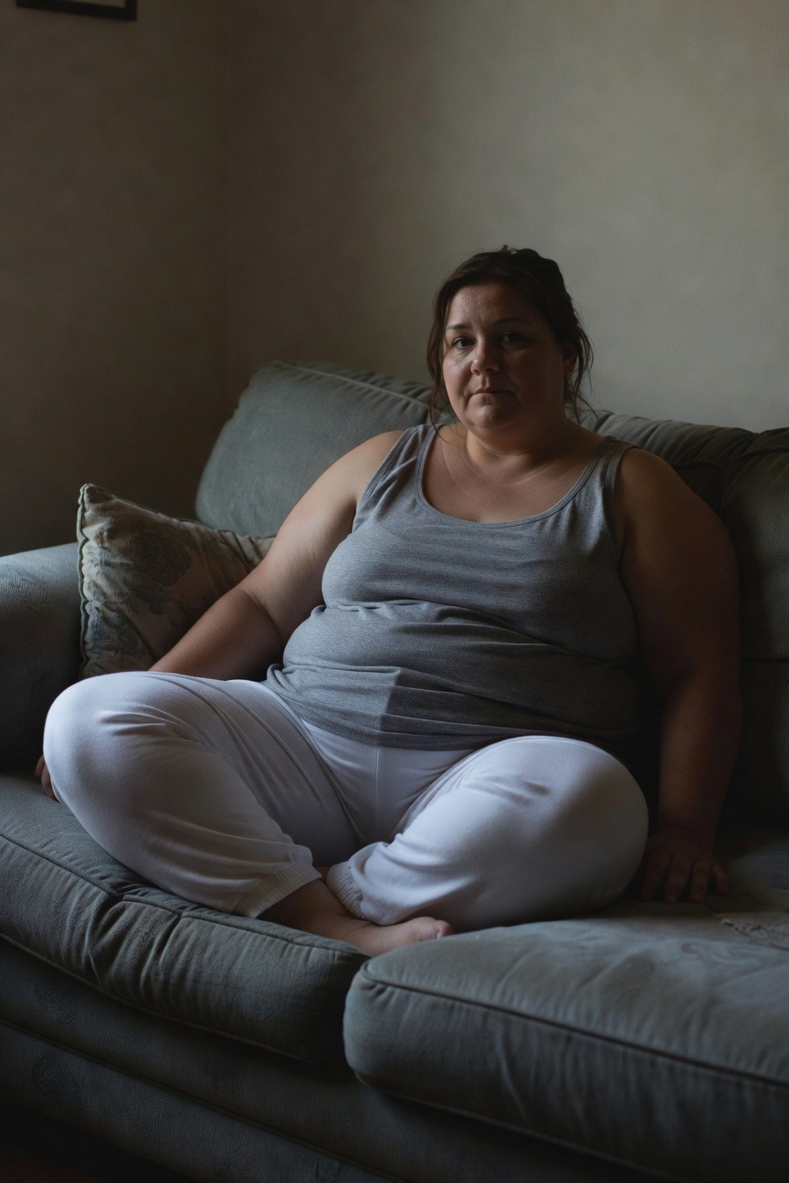 Plus-size woman sitting cross-legged on a couch in a loose gray tank top and baggy white sweatpants, casual lounge outfit for summer