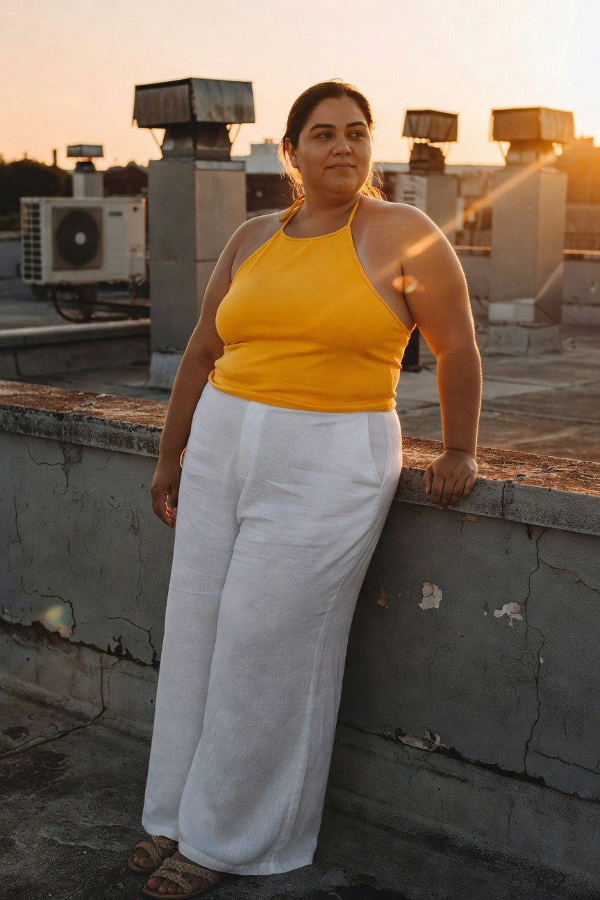 Plus-size woman standing on rooftop in bright yellow sleeveless halter top, wide-leg white linen pants, and braided strap sandals, one hand on gray wall, relaxed pose