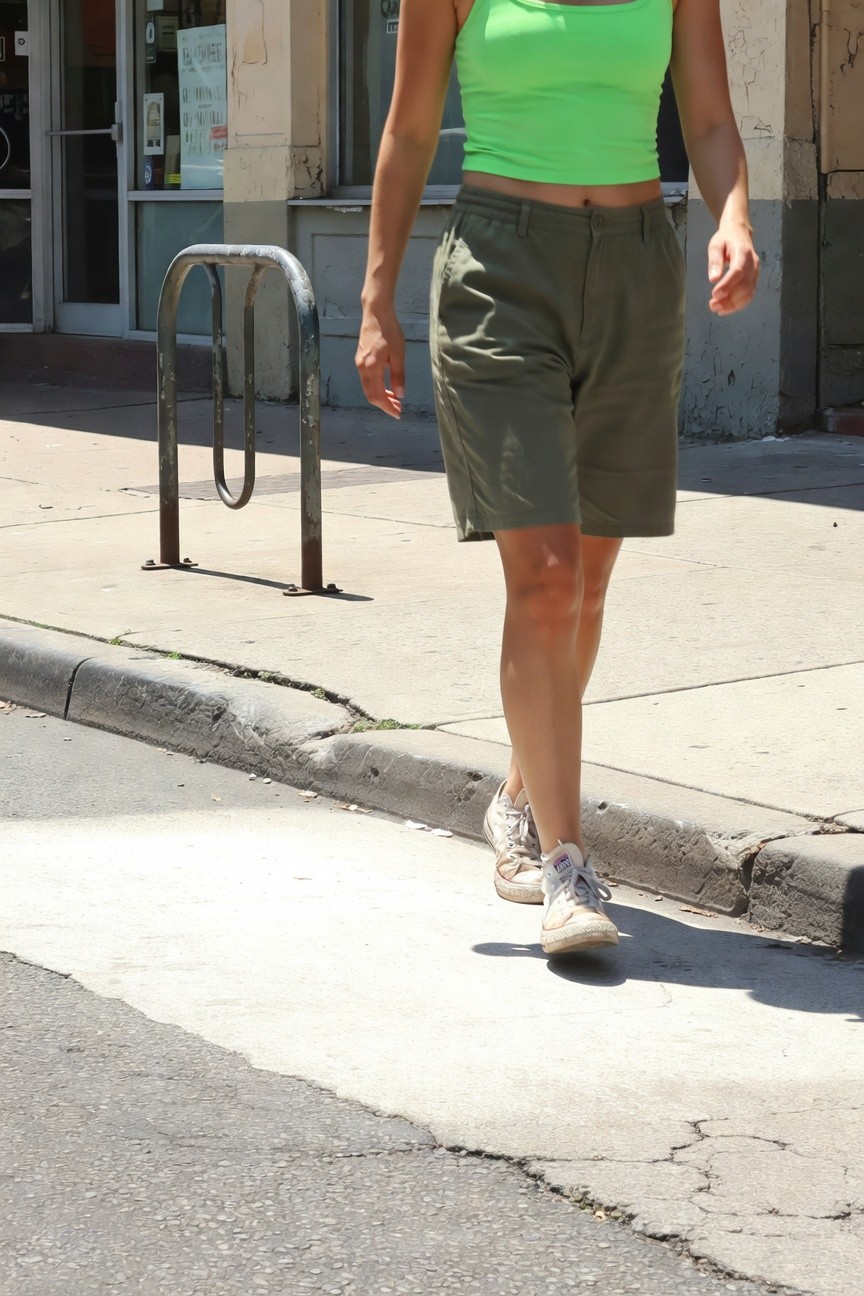 Woman in neon green crop top, khaki cargo shorts, and white sneakers walking on urban sidewalk, full body view emphasizing casual bold summer outfit.