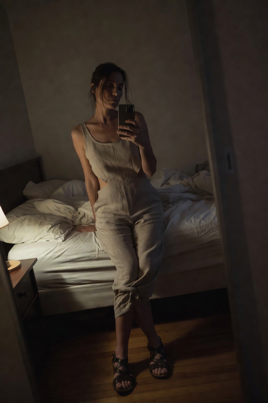Woman taking mirror selfie in beige sleeveless linen jumpsuit with side cutouts and wide legs, paired with brown strappy gladiator sandals, standing by bed in cozy bedroom