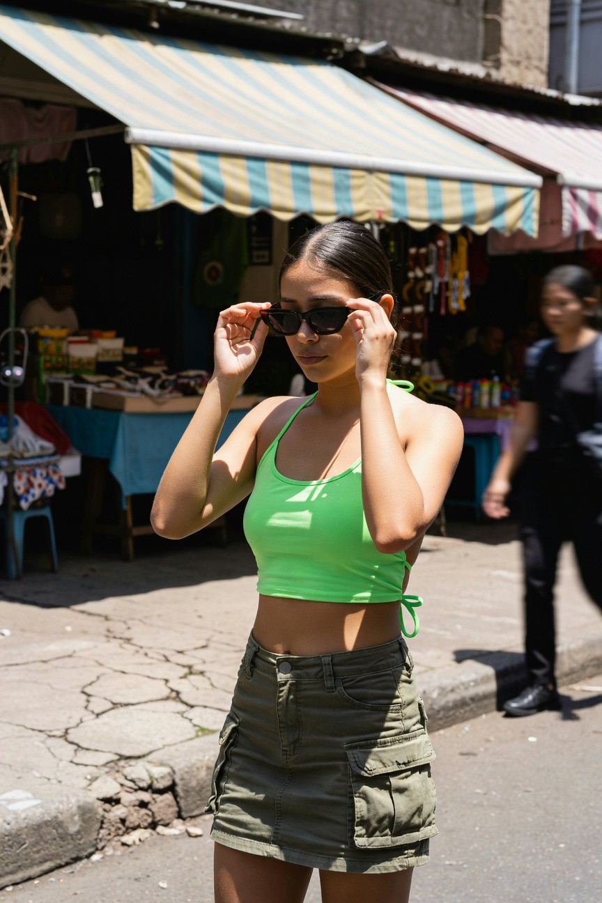 Woman adjusting black sunglasses while wearing a bright lime green halter crop top with tie sides and an olive green cargo mini skirt with multiple pockets, standing in a market street, full body view