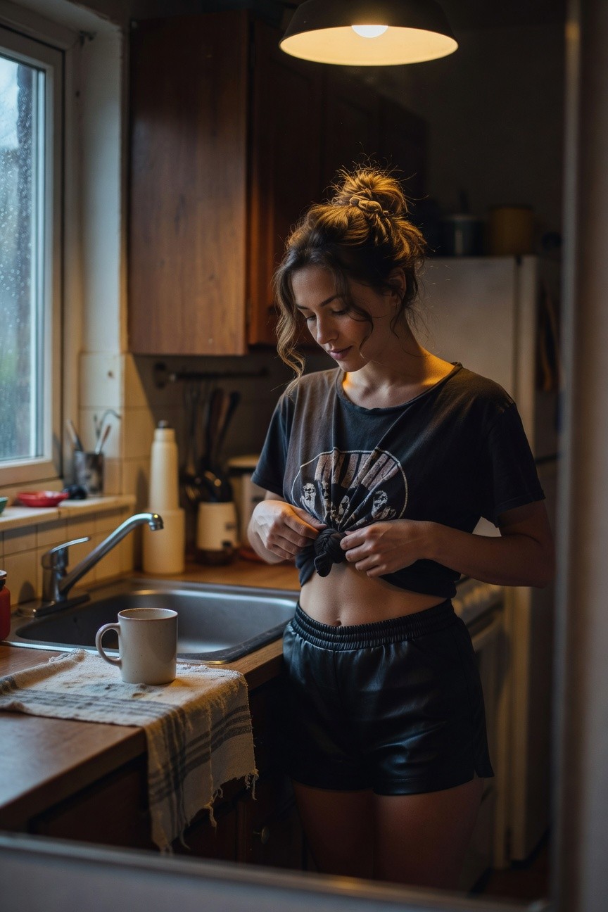 Woman in a cozy kitchen wearing a cropped black graphic band tee knotted at the front exposing midriff, paired with short black leather drawstring shorts, messy bun hairstyle, warm indoor lighting