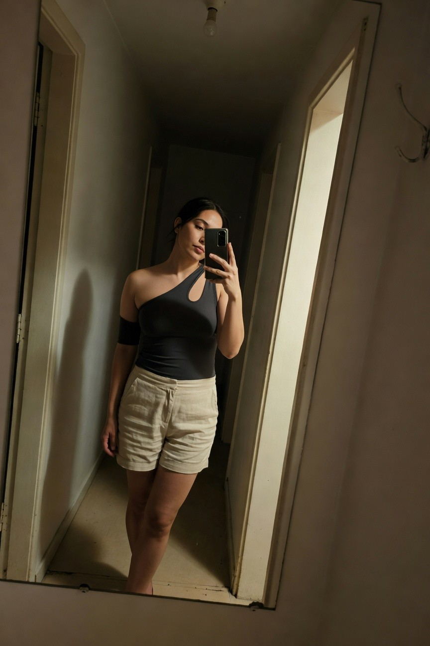 Woman in hallway mirror selfie wearing black one-shoulder cutout top with armband and short cream linen shorts, holding phone, natural indoor light