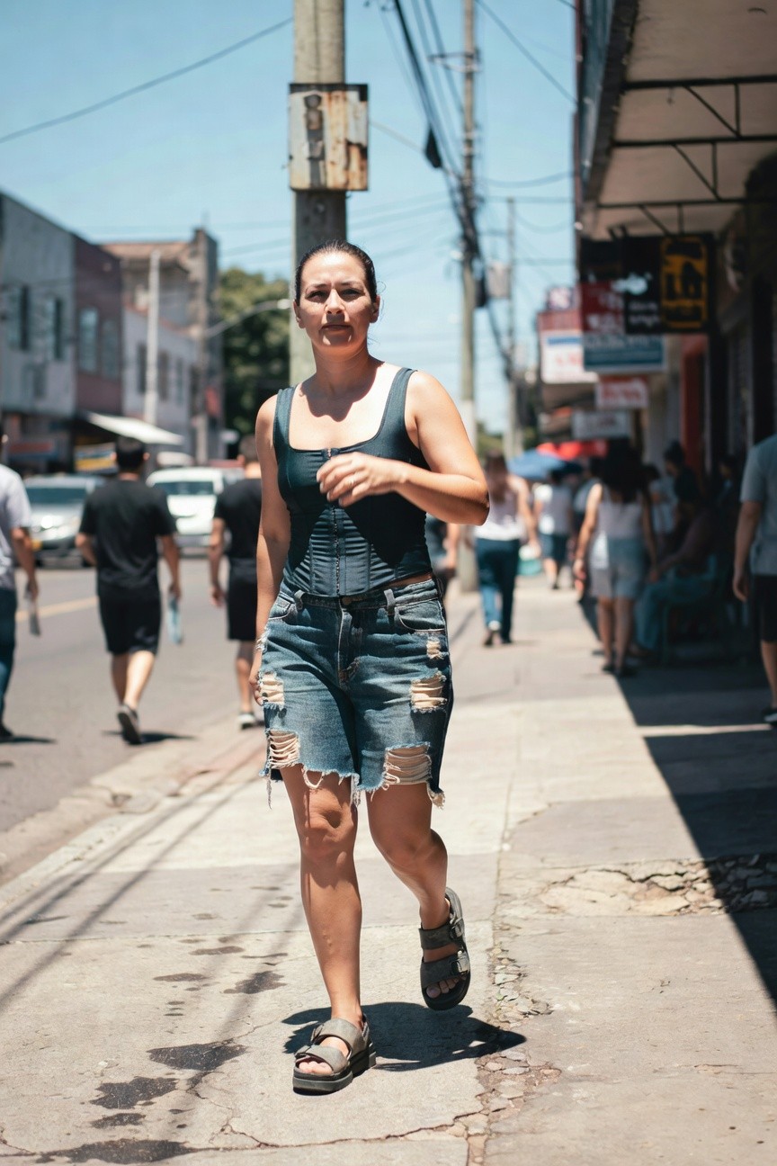 Woman in dark teal corset tank top, high-waisted ripped blue denim shorts, tan strap sandals, walking on sidewalk with hand in pocket, casual edgy summer street style