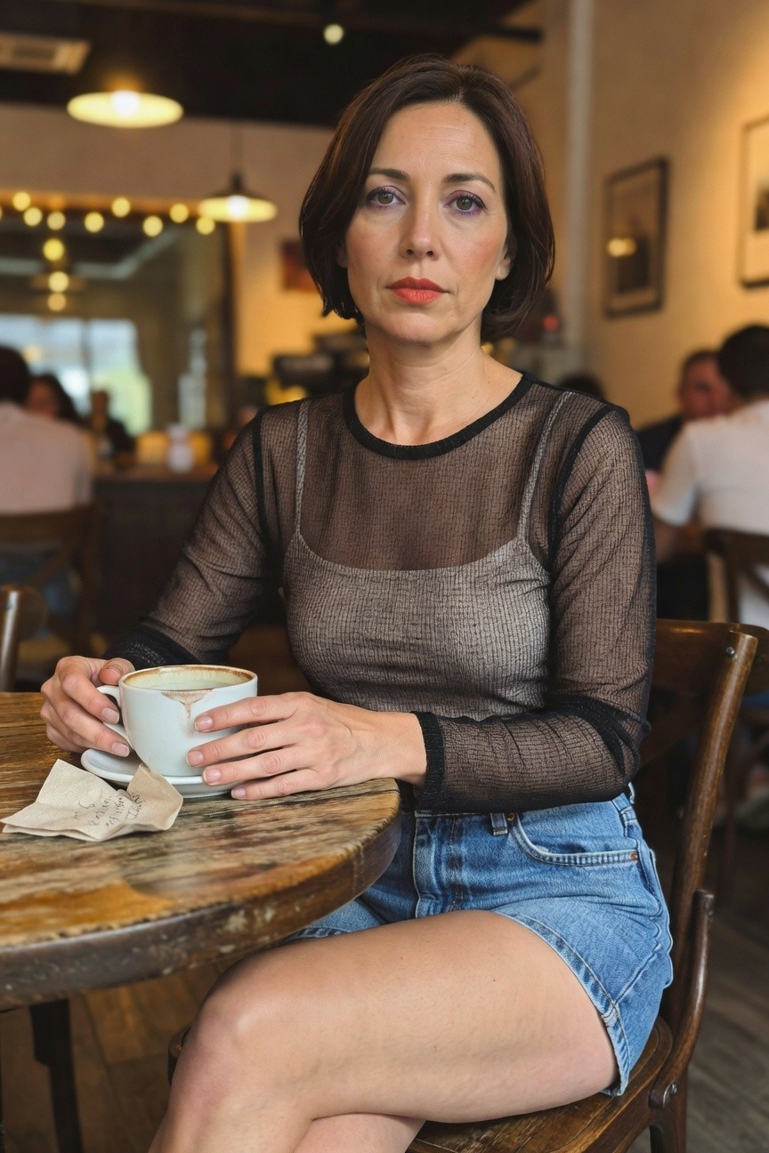 Woman in her 40s with bobbed brown hair sitting at wooden cafe table, wearing sheer black long-sleeve mesh top over gray knit tank top, high-waisted faded blue denim cutoff shorts, holding white coffee mug with napkin nearby, neutral expression
