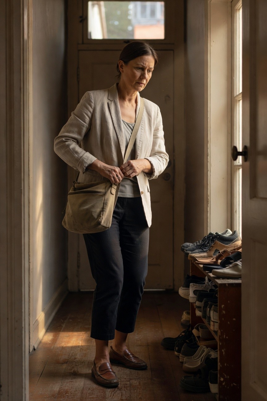 Woman in her 40s wearing a light beige linen blazer over white tank top, black cropped pants, brown loafers, and tan crossbody bag, standing in a hallway by shoe shelves