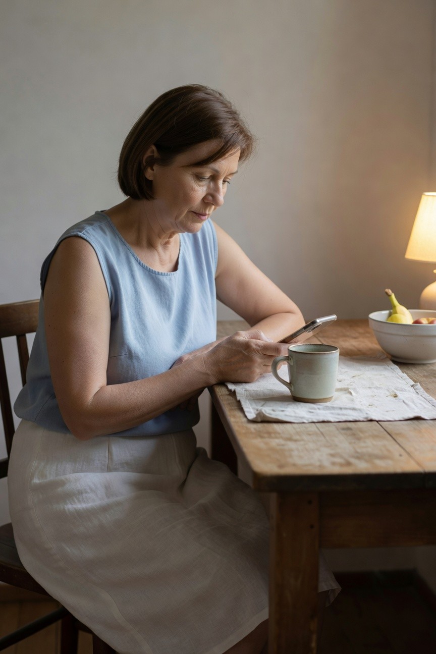Woman over 40 in light blue sleeveless tank top and white linen skirt, seated and holding a phone, casual hot weather outfit on wooden chair