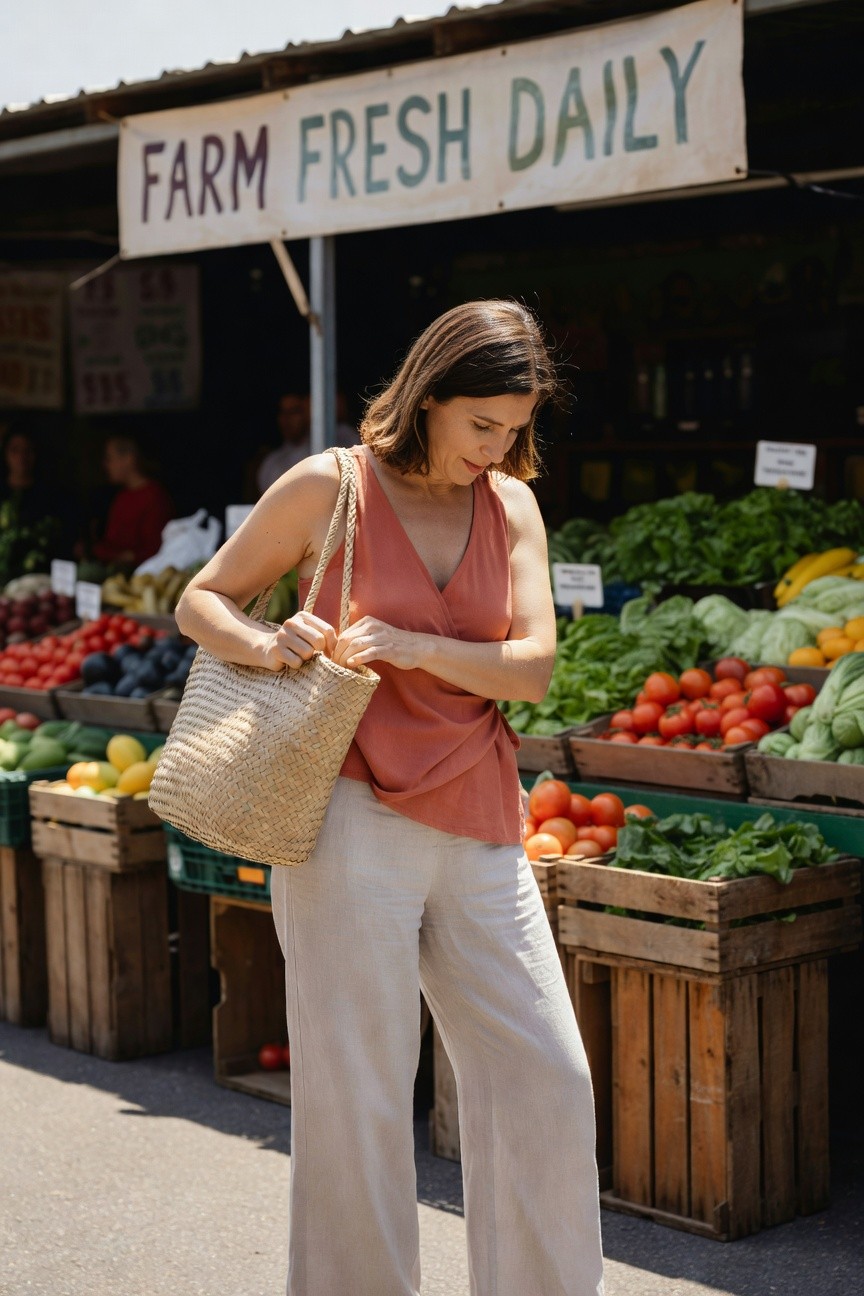 Woman over 40 in terracotta sleeveless wrap tank top, beige wide-leg linen pants, and straw tote bag, standing at a farm market produce stall while glancing at her watch