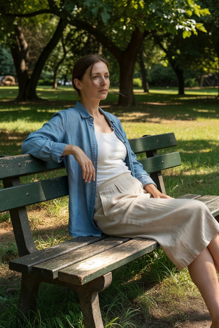 Woman over 40 in open blue denim shirt over white tank top and beige pleated linen midi skirt, sitting sideways on green park bench with one arm resting on back, thoughtful expression, trees and grass in blurred background