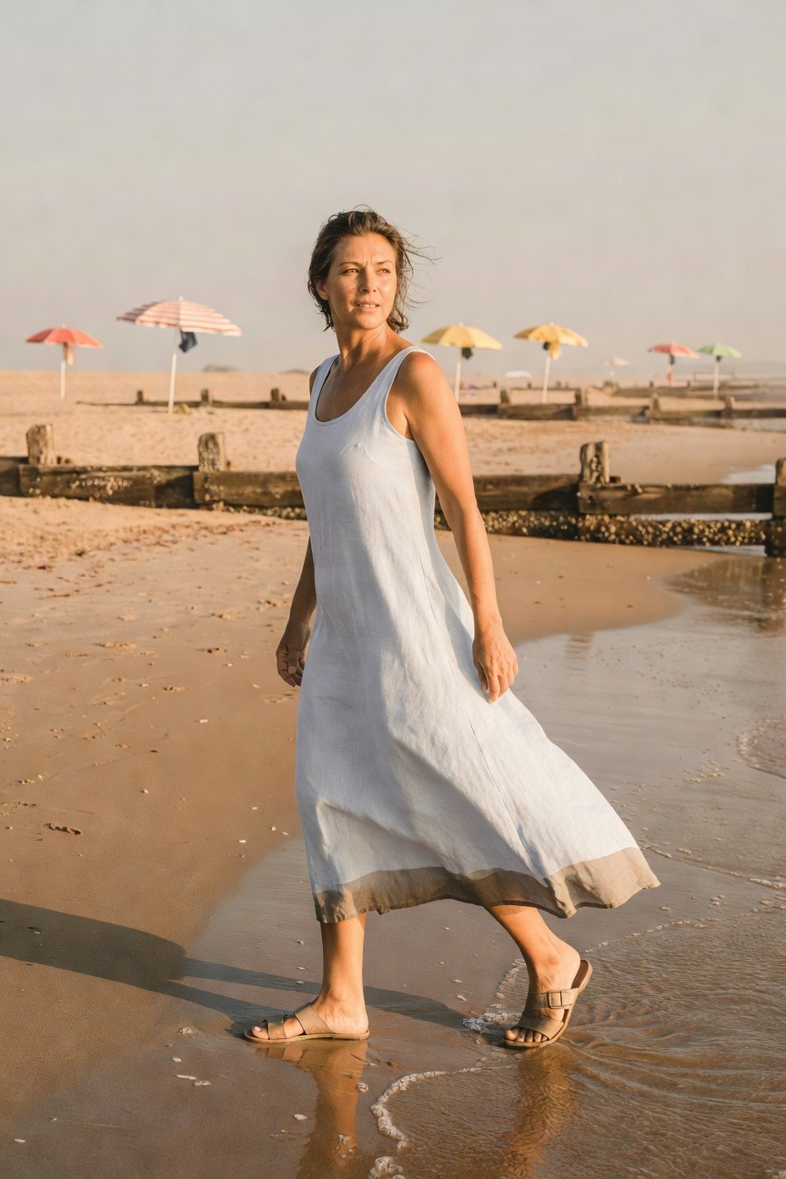 Woman over 40 in a white linen tank maxi dress with beige hem, paired with tan flat leather sandals, walking barefoot-style on wet sand