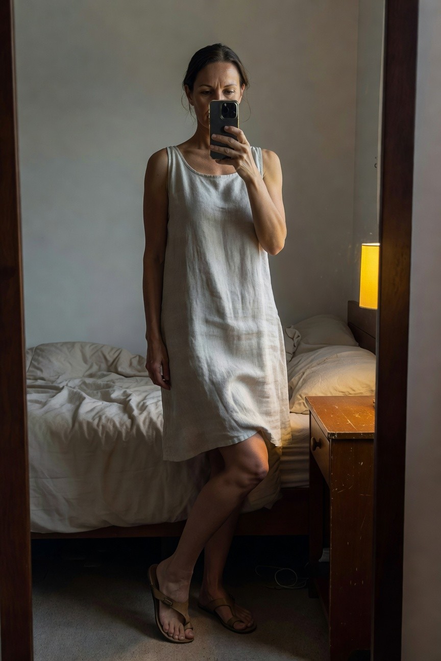 Woman in her 40s stands in a bedroom mirror selfie wearing an off-white sleeveless linen mid-thigh dress with thin straps, paired with tan flip-flop sandals, one hand holding her phone