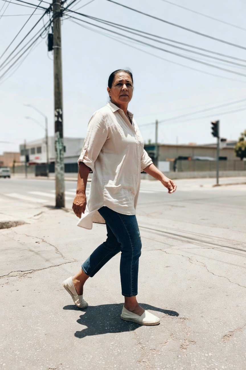 Middle-aged Latina woman walking in an off-white loose button-up shirt with rolled sleeves, dark blue cropped slim jeans, and white espadrille flats, captured from behind on a city street