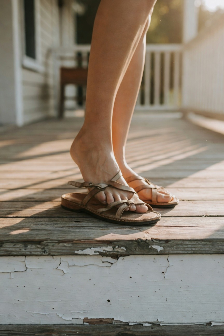Woman's lower legs in short khaki shorts and tan leather cross-strap sandals with buckles, standing on weathered wooden deck steps