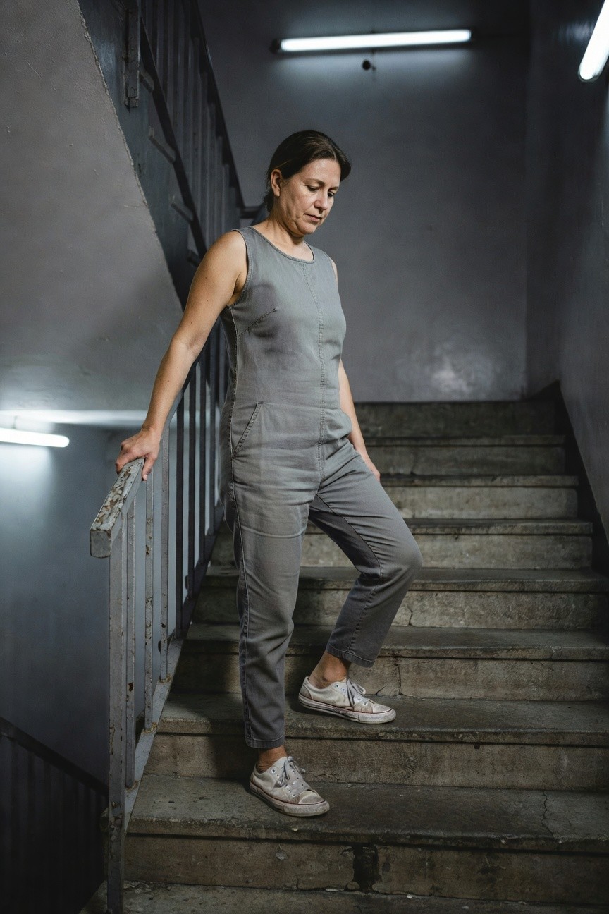 Woman in her 40s wearing a sleeveless gray linen-blend tank jumpsuit with straight-leg pants, white laced sneakers, leaning on metal railing while stepping down concrete stairs in a fluorescent-lit industrial stairwell