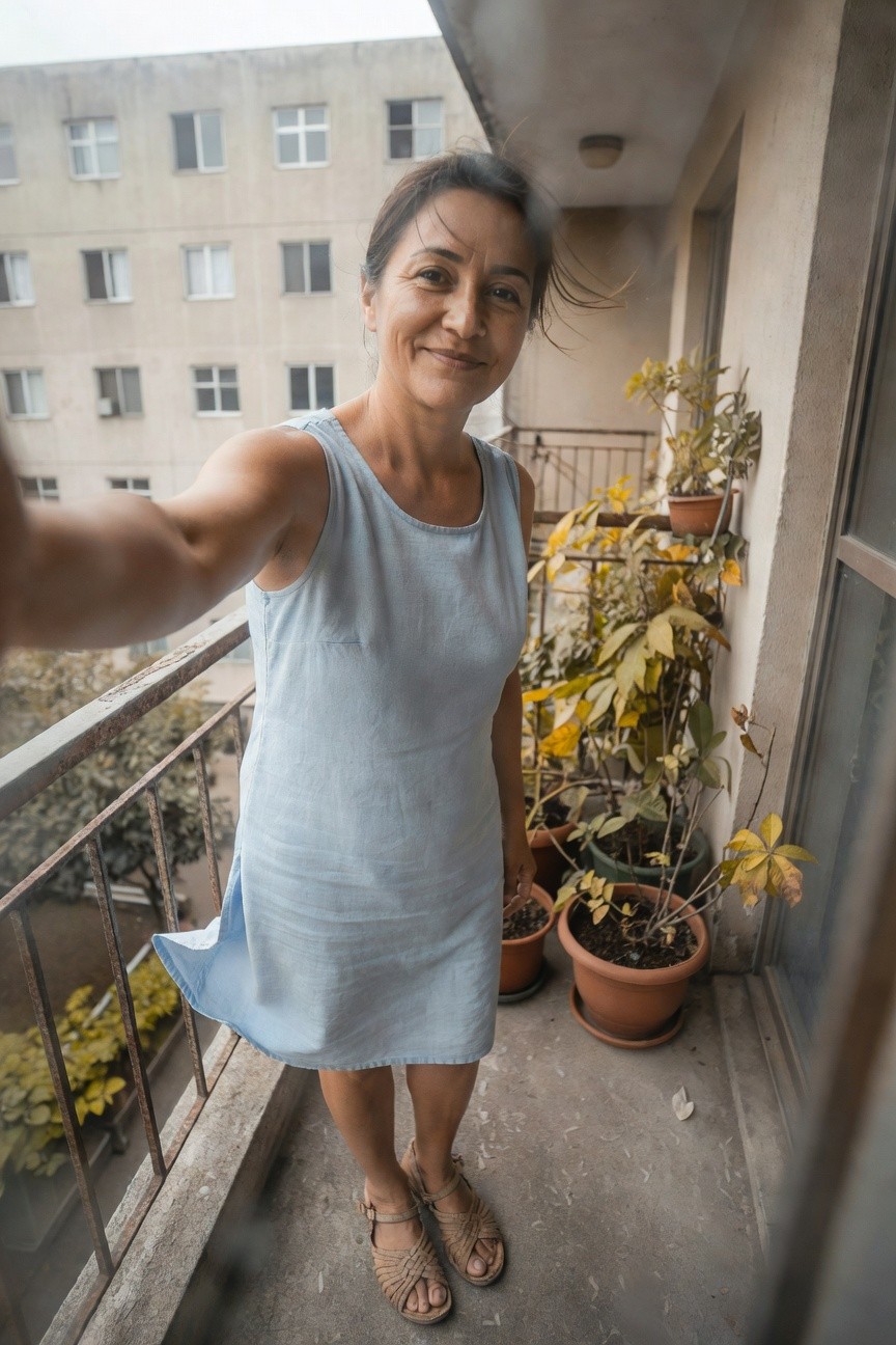 Woman over 40 taking a selfie on a balcony in a light blue sleeveless tank dress with a flared midi skirt, wearing tan strappy sandals, smiling at the camera with plants in the background