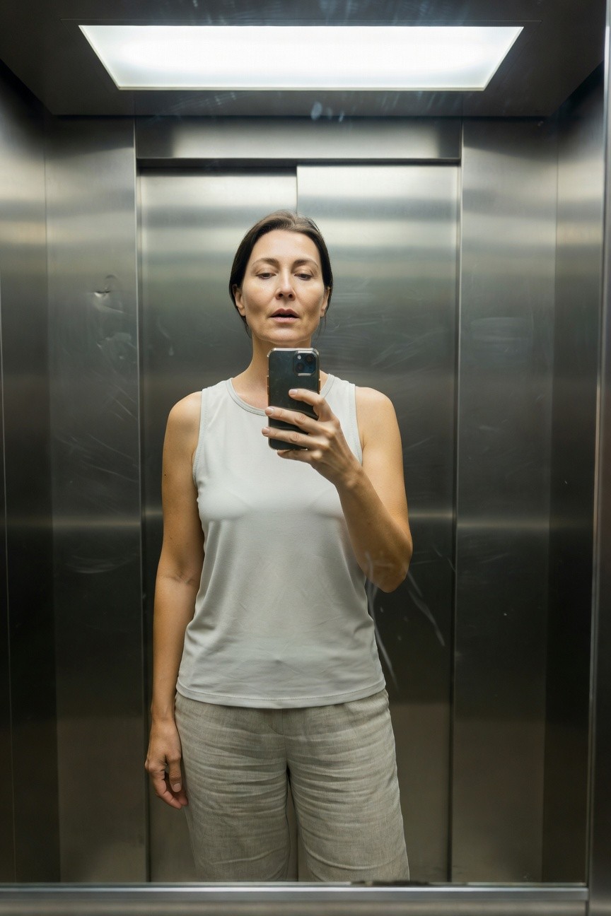 Woman taking elevator selfie in light gray sleeveless tank top and wide-leg beige linen cropped pants, casual hot weather look.