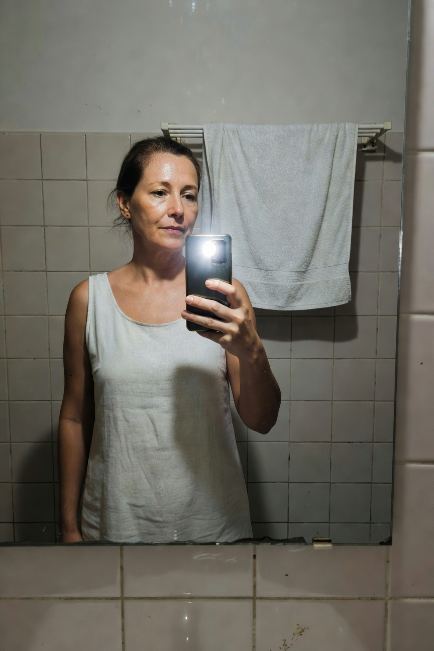 Mature woman over 40 with brown hair taking a mirror selfie in a bathroom, wearing a loose-fitting sleeveless white tank top, arms visible, simple towel rack in background