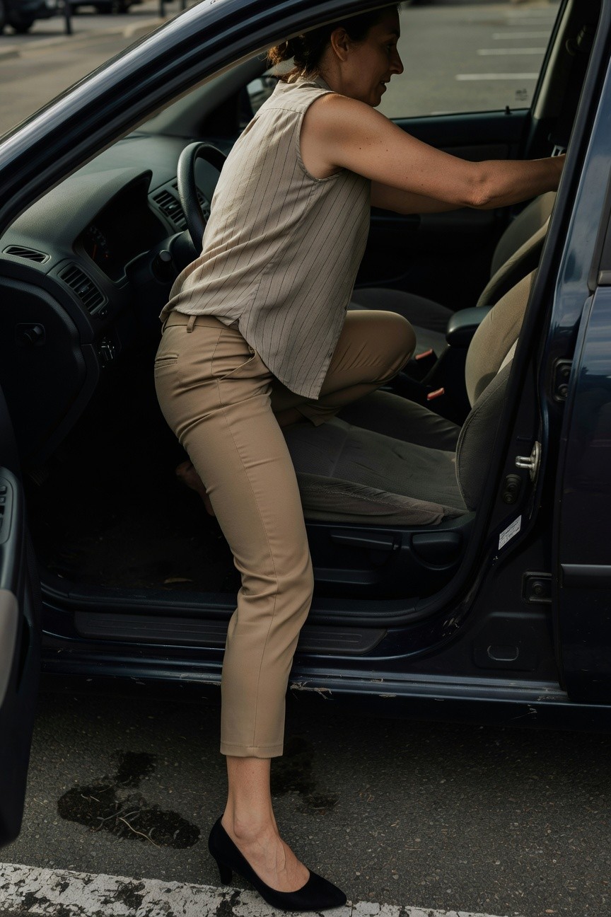 Woman over 40 in cream striped sleeveless blouse tucked into slim beige ankle-length pants and black pointed pumps, leaning into open car door in parking lot