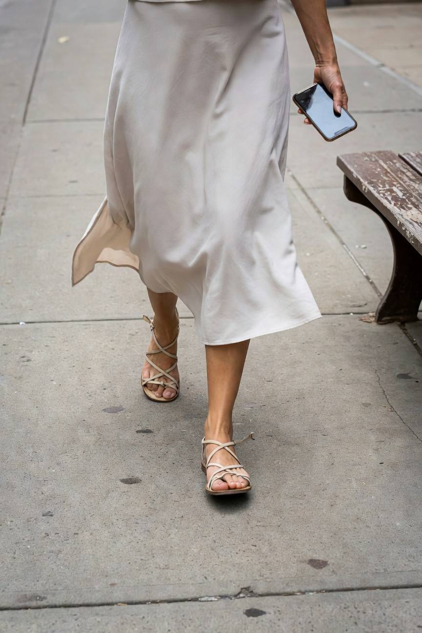Woman walking on sidewalk in cream flowy midi skirt, beige crisscross strappy flat sandals, holding phone, old wooden bench nearby