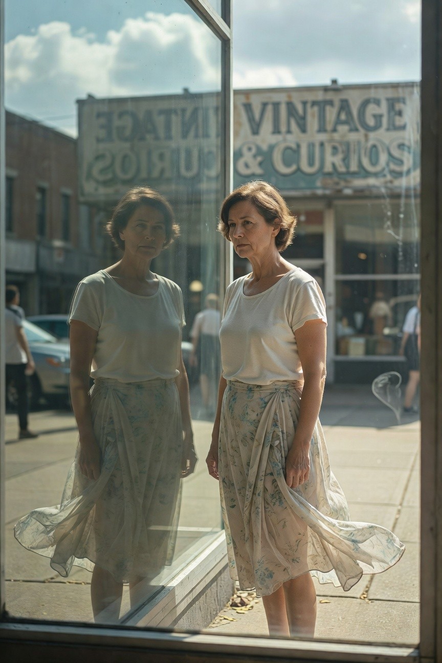 Woman over 40 in a white short-sleeve t-shirt and pale blue floral chiffon wrap skirt, reflected in a shop window, standing casually on a sidewalk outside a vintage store.