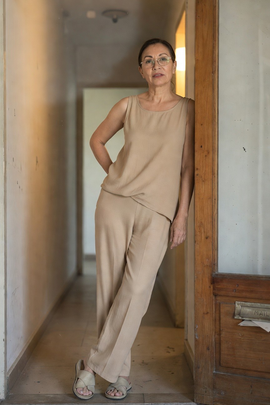 Mature Asian woman in her 50s wearing a beige sleeveless tank top and matching wide-leg pants, nude strappy sandals, glasses, leaning casually against a wooden doorframe in a light hallway