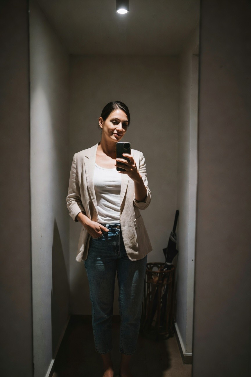 Woman taking a selfie in a beige linen blazer over white tank top tucked into light blue cropped jeans, barefoot in a narrow indoor hallway with neutral walls and an umbrella stand nearby