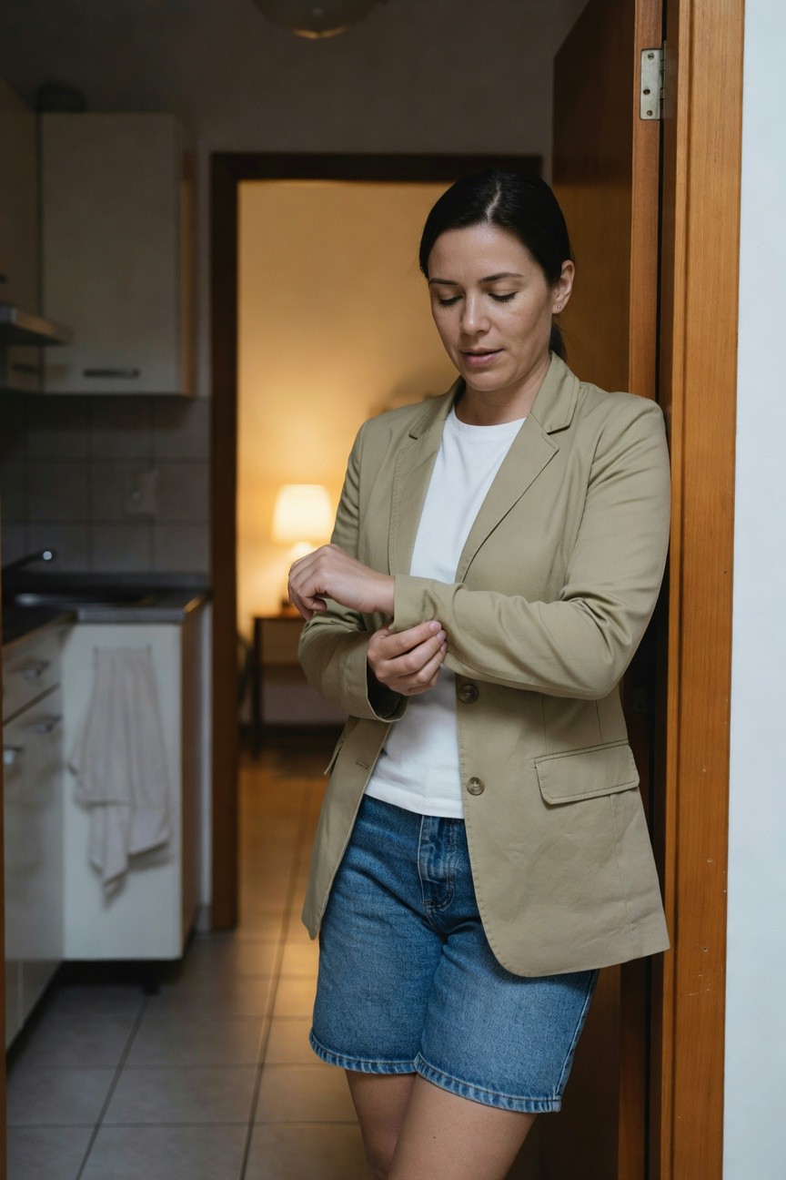 Woman in beige blazer over white t-shirt and short blue denim shorts, adjusting sleeve cuff while standing in open doorway with kitchen visible behind