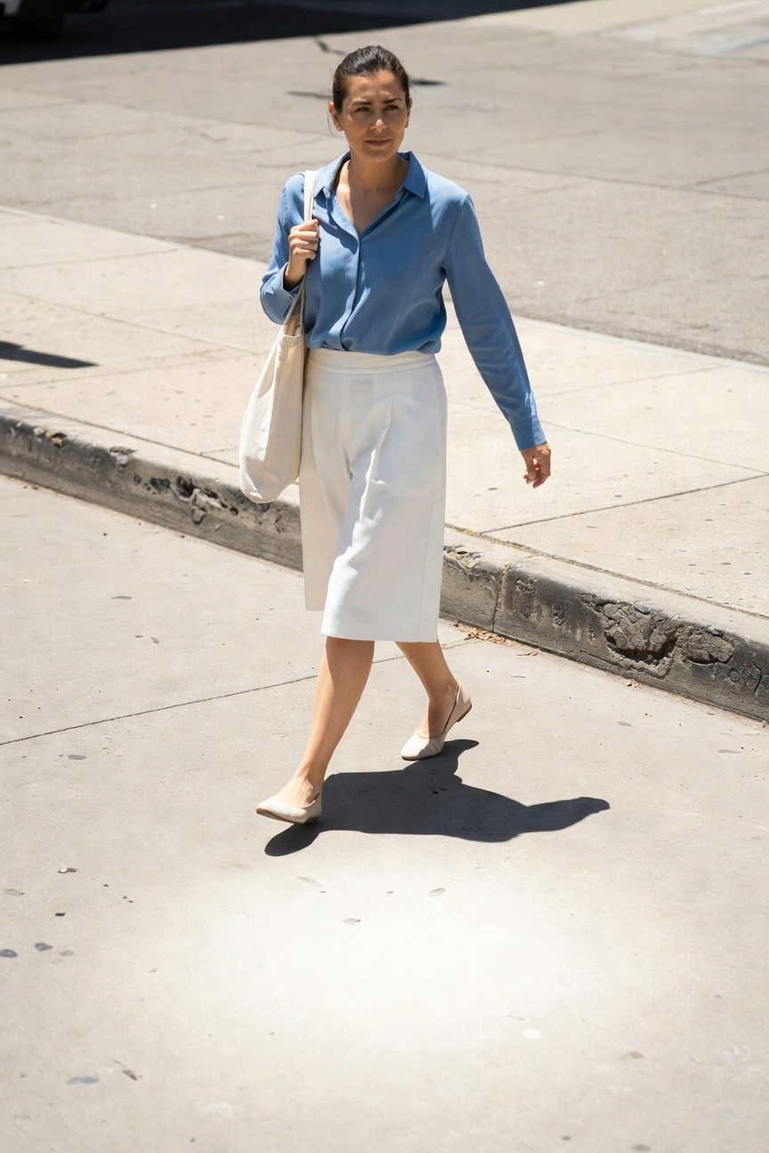 Woman in her 30s with dark hair in a bun walking on a city sidewalk, wearing a light blue long-sleeve collared blouse tucked into white wide-leg mid-thigh shorts, nude flat shoes, and carrying a cream canvas tote bag over one shoulder