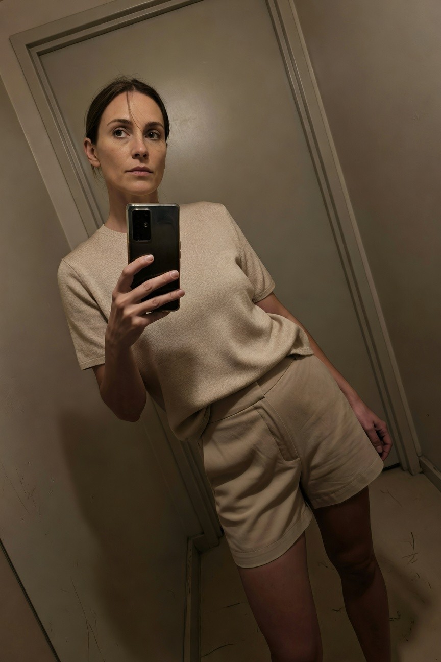 Woman taking a mirror selfie in a cream short-sleeve knit top and matching high-waisted shorts set, standing in a beige-tiled bathroom with relaxed pose showing outfit details