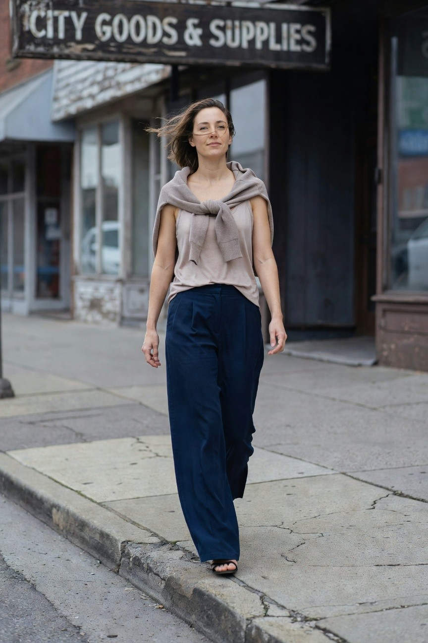 Woman walking in cropped beige hoodie layered over sleeveless top with navy wide-leg pleated pants and strappy sandals, glasses on, neutral street background