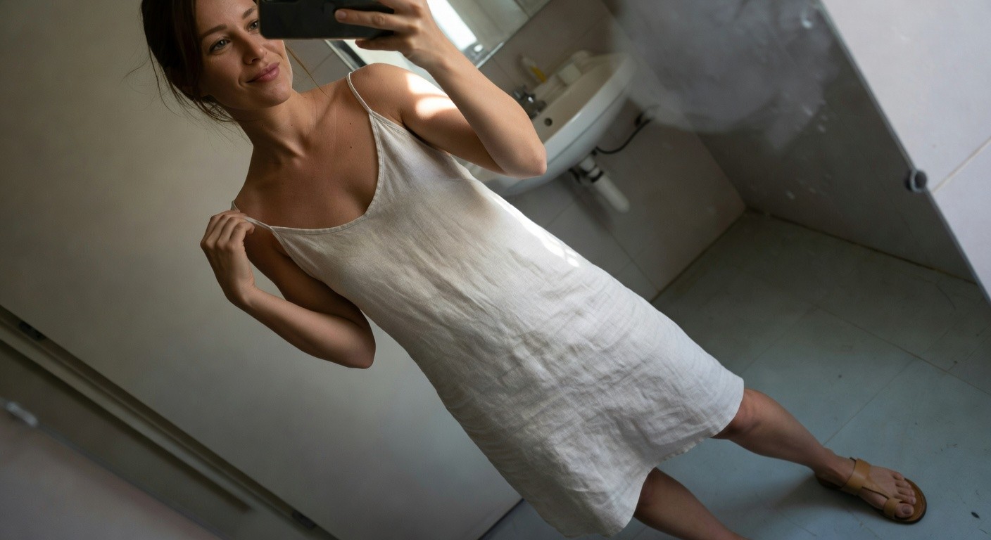 Mirror selfie of woman in white linen spaghetti-strap slip dress with V-neck, paired with tan flat sandals, smiling while holding phone