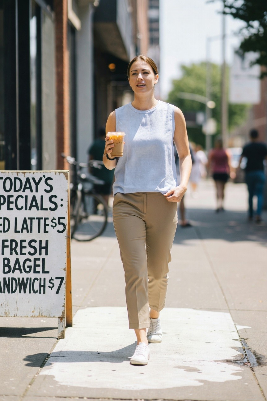 Woman in light gray sleeveless tank top loose fit, khaki cropped straight-leg pants, white sneakers, thin bracelet on wrist holding iced coffee cup