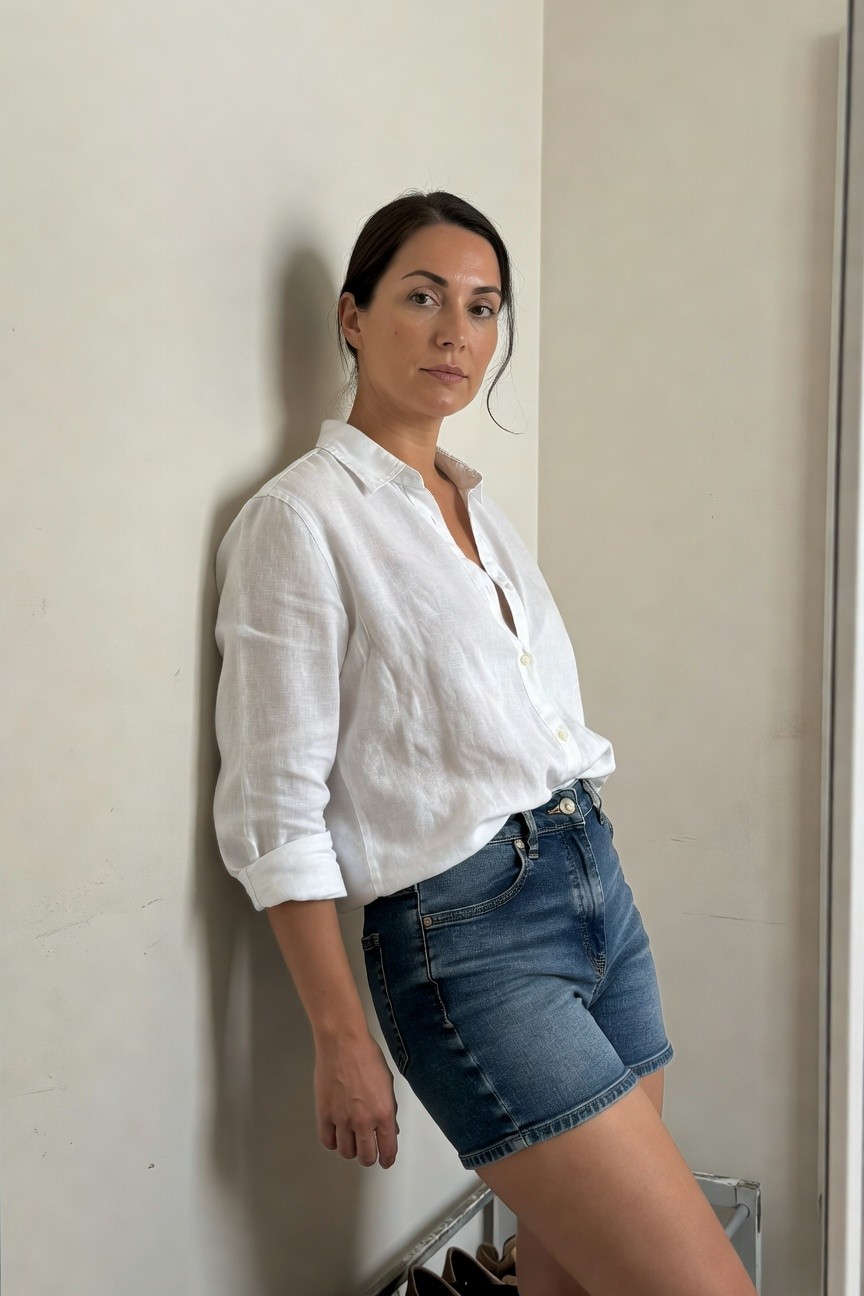 Woman leaning against a white wall in a loose white linen button-down shirt with rolled sleeves and open collar tucked into mid-thigh faded blue denim shorts, casual elevated summer style.