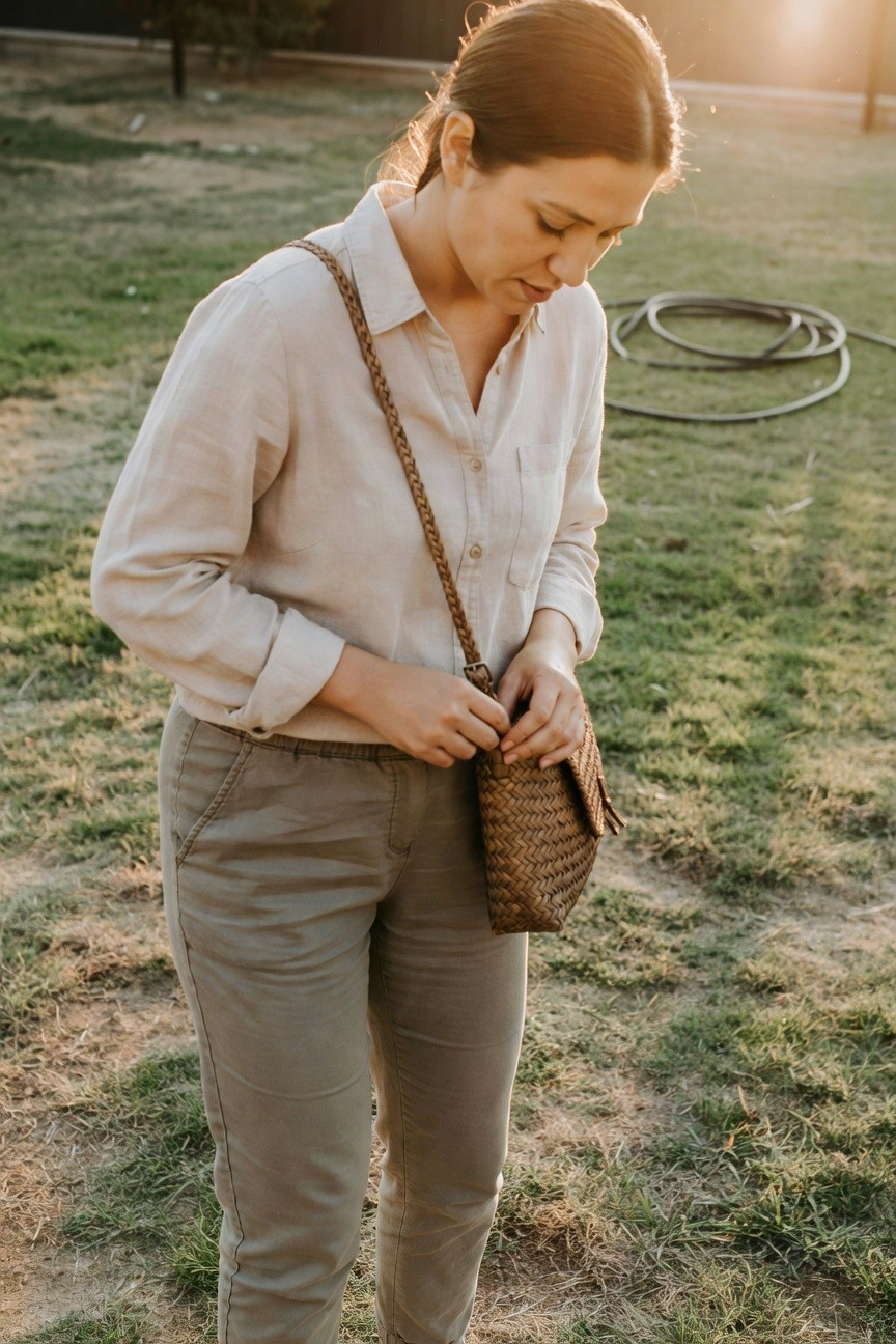 Woman standing on grass in pale beige linen button-up shirt with rolled sleeves, khaki straight-leg pants, and woven straw crossbody bag with braided strap, hands adjusting the bag at sunset light
