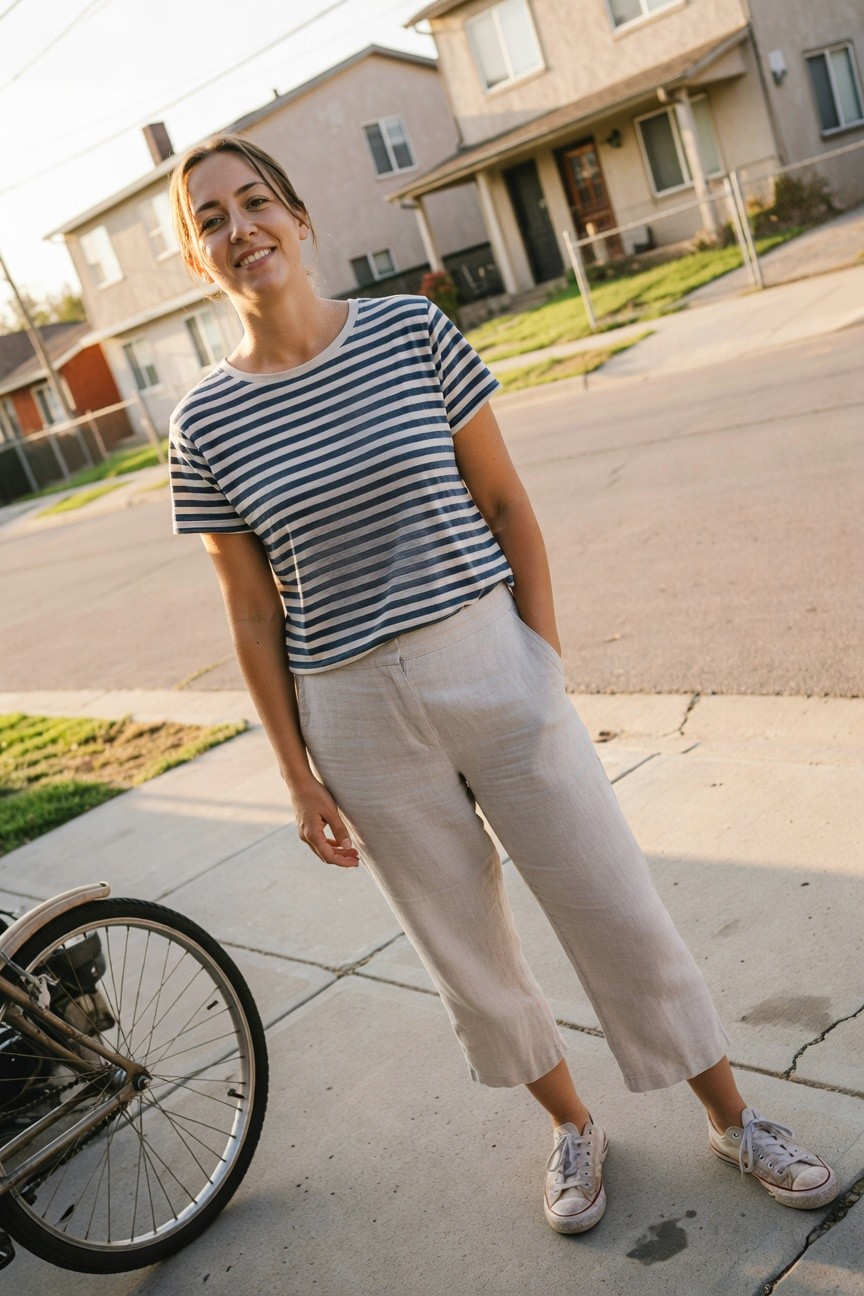Woman in navy and white horizontal striped short-sleeve t-shirt, beige cropped wide-leg linen pants with hands in pockets, white low-top Converse sneakers, standing casually next to a bicycle on a sidewalk