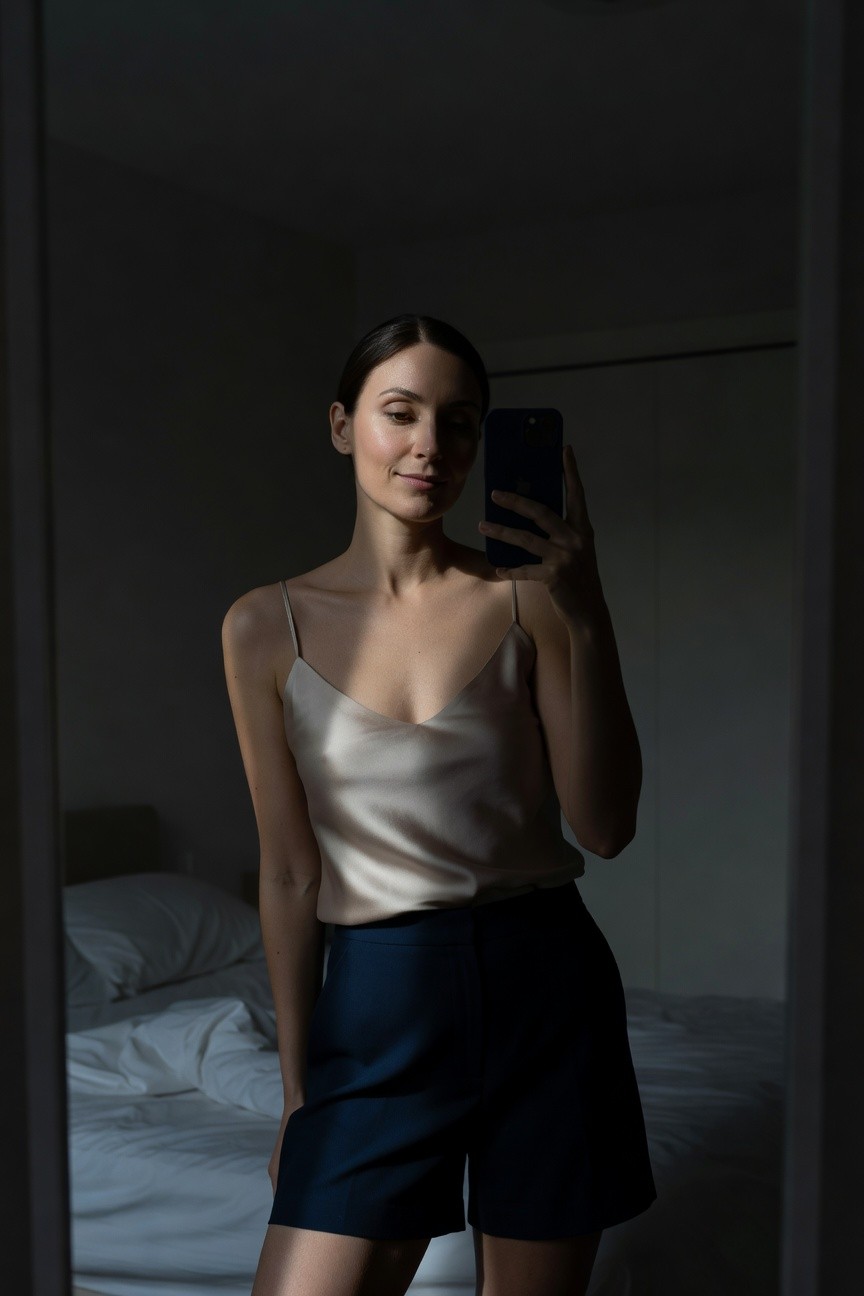 Mirror selfie of woman in pale beige silk camisole with thin straps and low neckline paired with navy tailored pleated shorts standing by bed