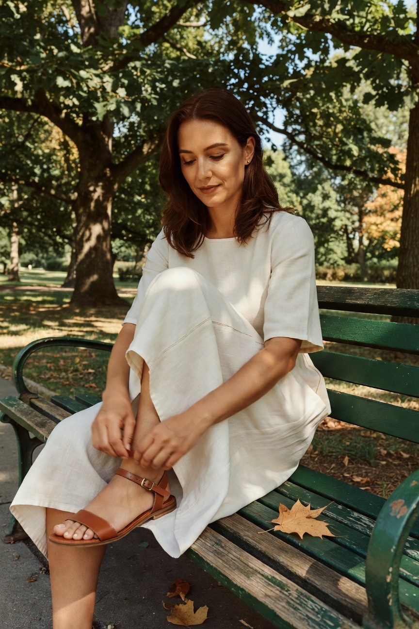 Woman with shoulder-length brown hair sitting on a green park bench, wearing an off-white linen midi dress with short sleeves and tan leather flat sandals with ankle straps, adjusting the buckle on one sandal, autumn leaves nearby