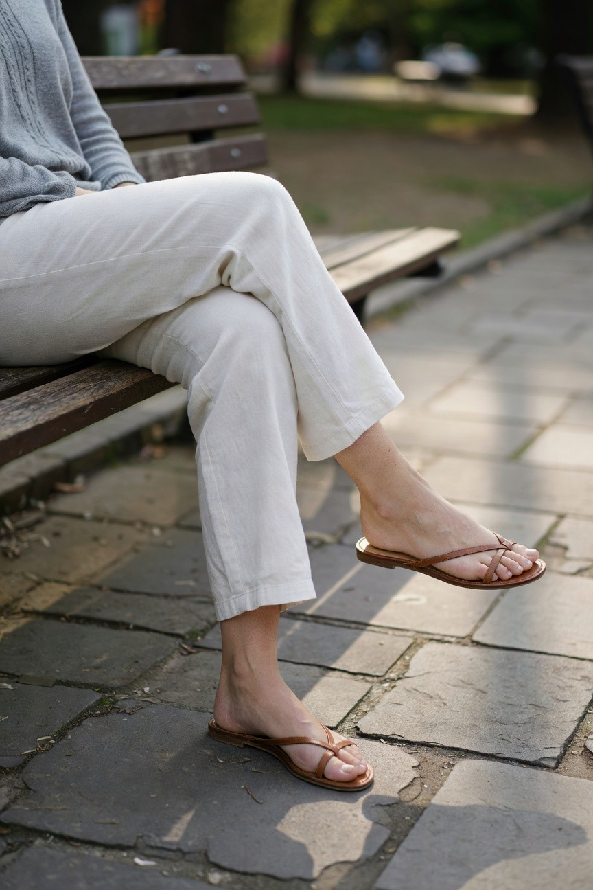 Close-up of a woman sitting on a wooden bench wearing a light gray knit sweater, wide-leg white linen pants cuffed at the ankles, and tan leather criss-cross strap sandals, with focus on legs extended over pavement
