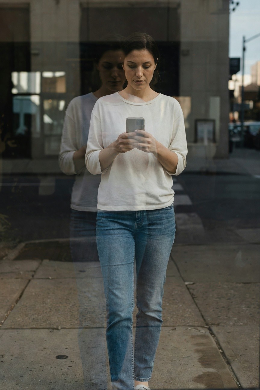 Woman reflected in glass building window wearing loose white long-sleeve knit top, medium-wash straight-leg blue jeans, and white sneakers while checking her phone on a city sidewalk